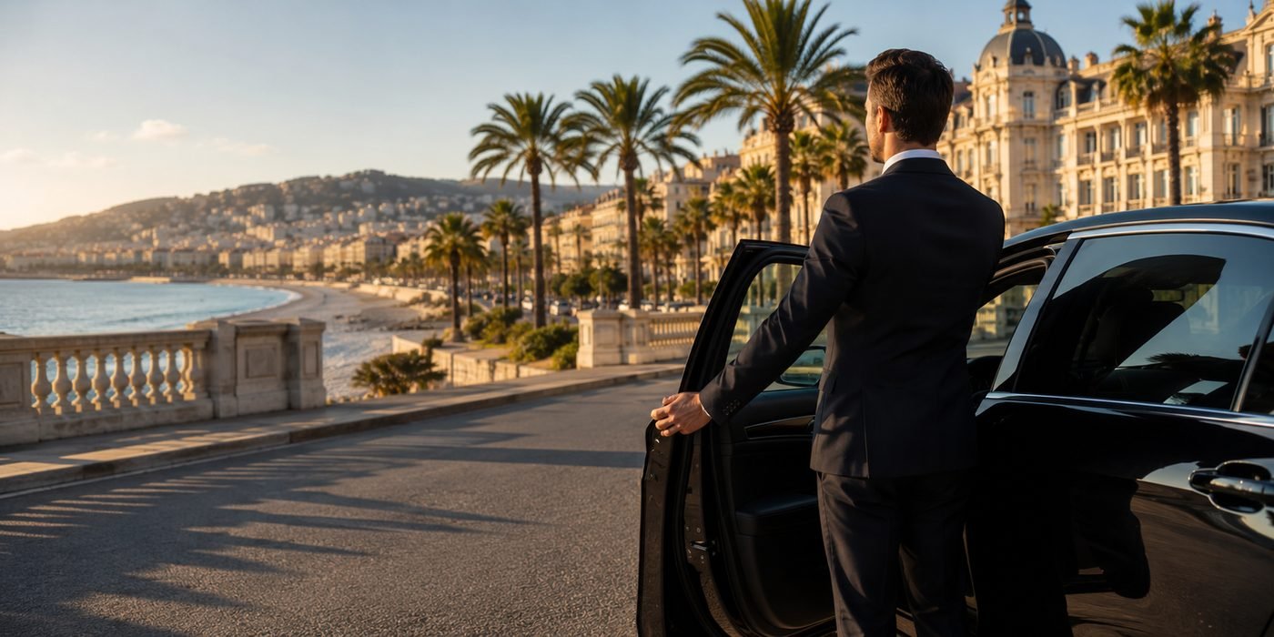 Private chauffeur opening the car door on the Promenade des Anglais in Nice